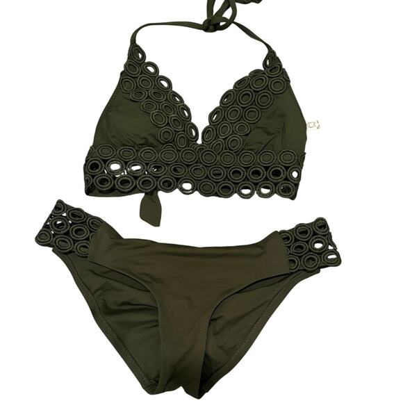 Becca Siren Eyelet Crochet Halter 2 Piece Bikini Top and Bottom Green Small - Picture 2 of 5